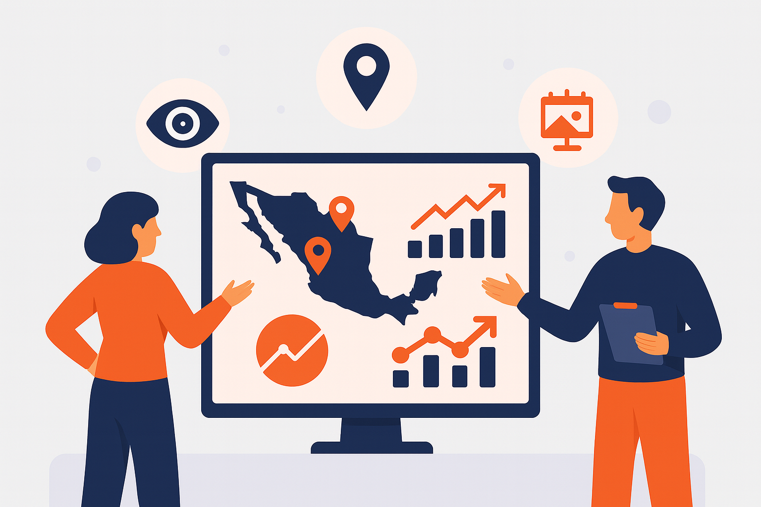 Ilustración de dos profesionales analizando un mapa de México con gráficos de crecimiento y ubicaciones, representando la medición y cobertura de campañas publicitarias OOH en todo el país.